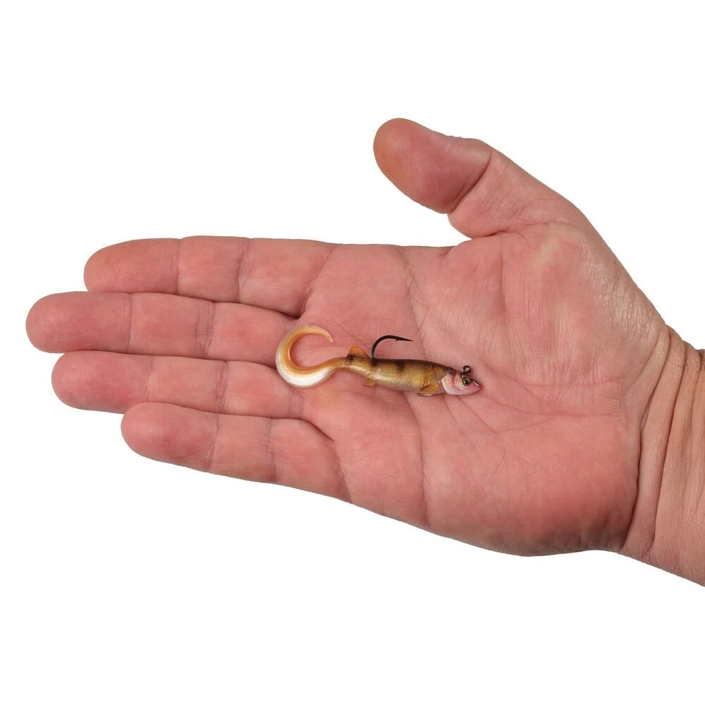 A hand holding a 2.5 inch Berkley PowerBait Minnotator Grub that is orange.