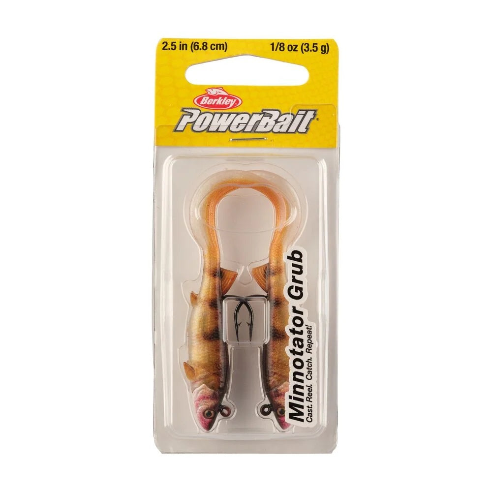The package for a 2.5 inch Berkley PowerBait Minnotator Grub that is orange.