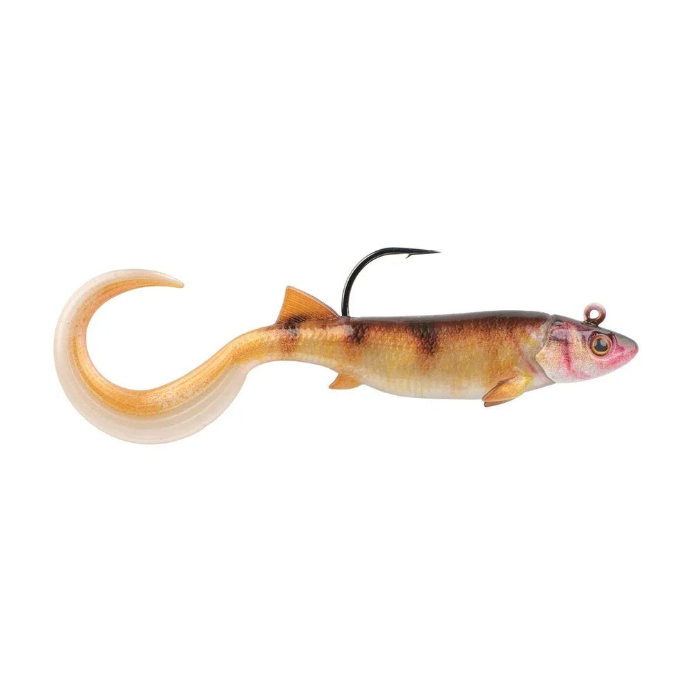 A 2.5 inch Berkley PowerBait Minnotator Grub that is orange.