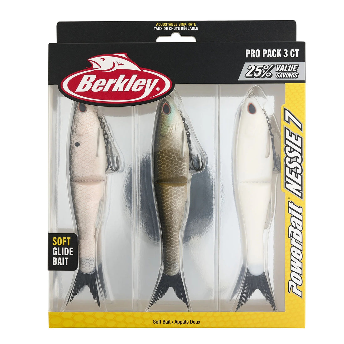 A 7 inch Berkley PowerBait Nessie Soft Glide Bait Pro Pack.
