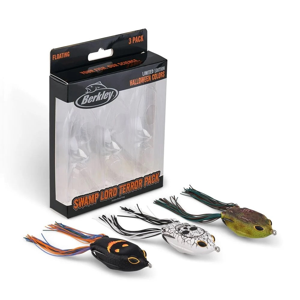 The Berkley Swamp Lord Terror Pack Frogs sitting at an angle outside of the open packaging.