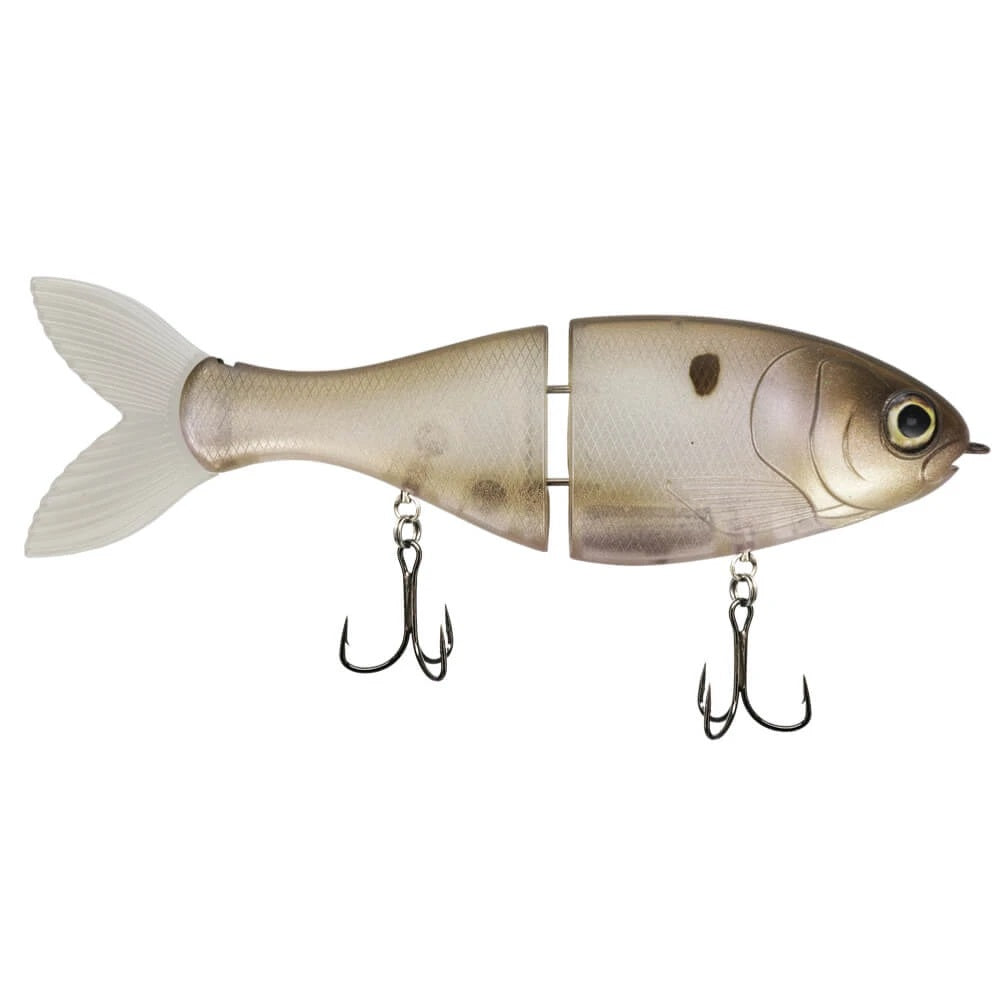 A 4 inch Bucca Brand Baby Trick Shad Glide Bait that is white and green.