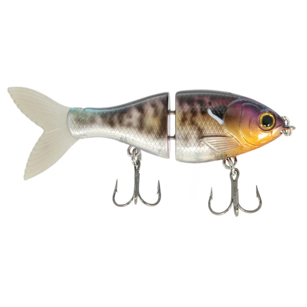 A 2.5 inch Bucca Brand BFS Trick Shad Glide Bait that is white, purple, and orange.
