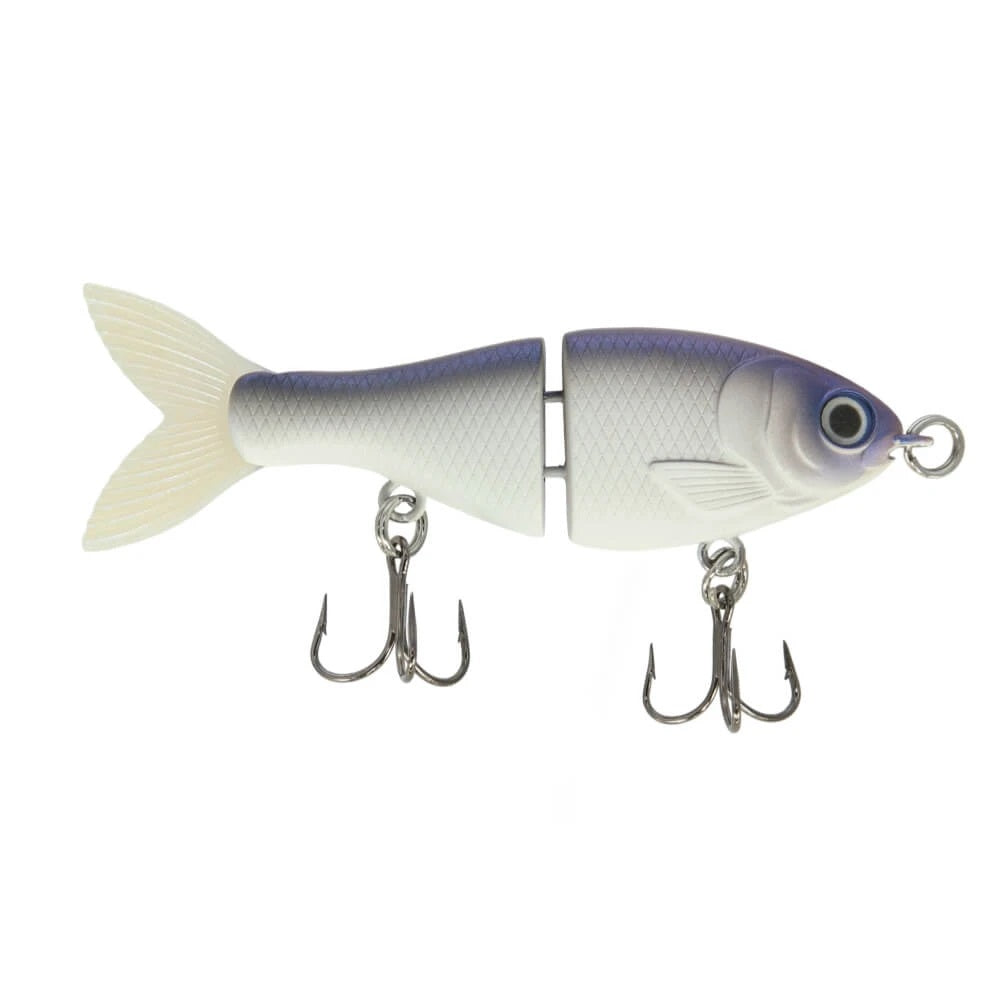 A 2.5 inch Bucca Brand BFS Trick Shad Glide Bait that is white and blue.