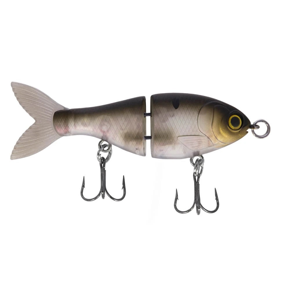 A 2.5 inch Bucca Brand BFS Trick Shad Glide Bait that is white and green.