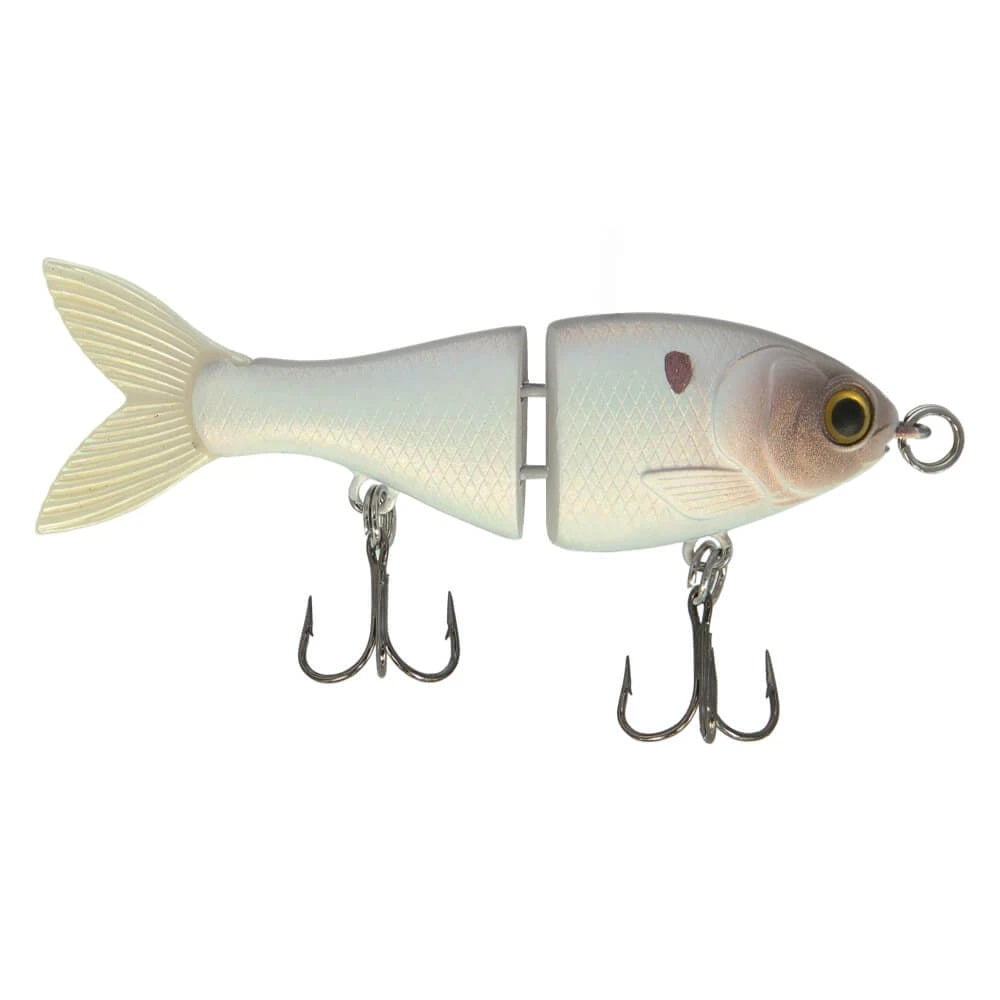 A 2.5 inch Bucca Brand BFS Trick Shad Glide Bait that is white.