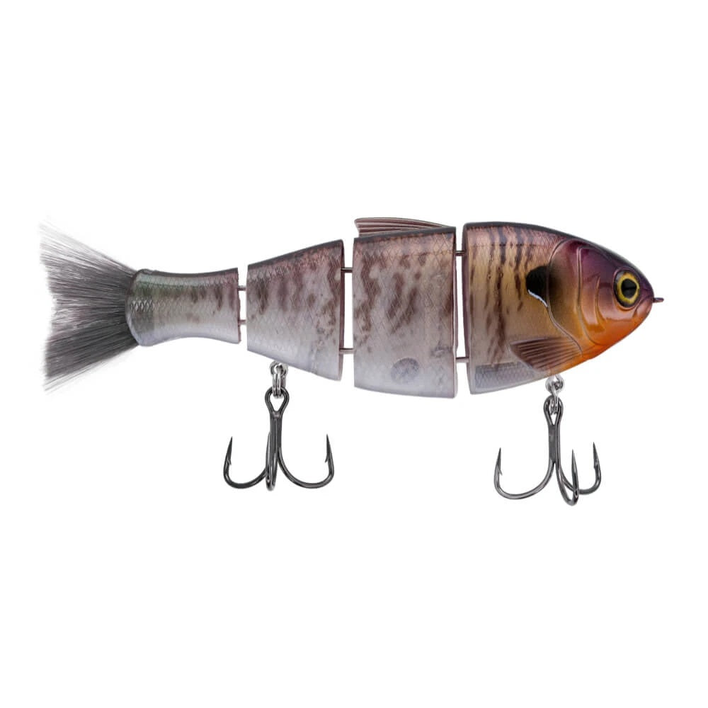 A 5 inch Bucca Brand Bull Shad Swimbait that is purple and orange with a gray belly.