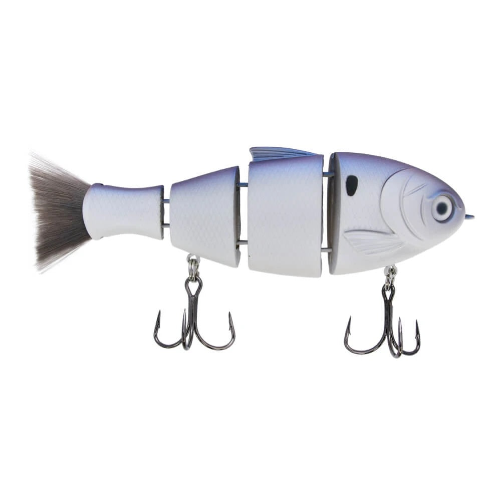 A 5 inch Bucca Brand Bull Shad Swimbait that is white and blue.
