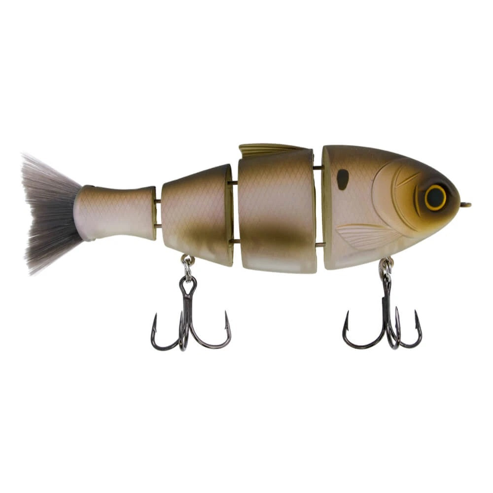 A 5 inch Bucca Brand Bull Shad Swimbait that is white and green.