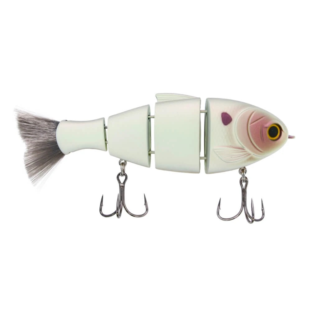 A 5 inch Bucca Brand Bull Shad Swimbait that is white.