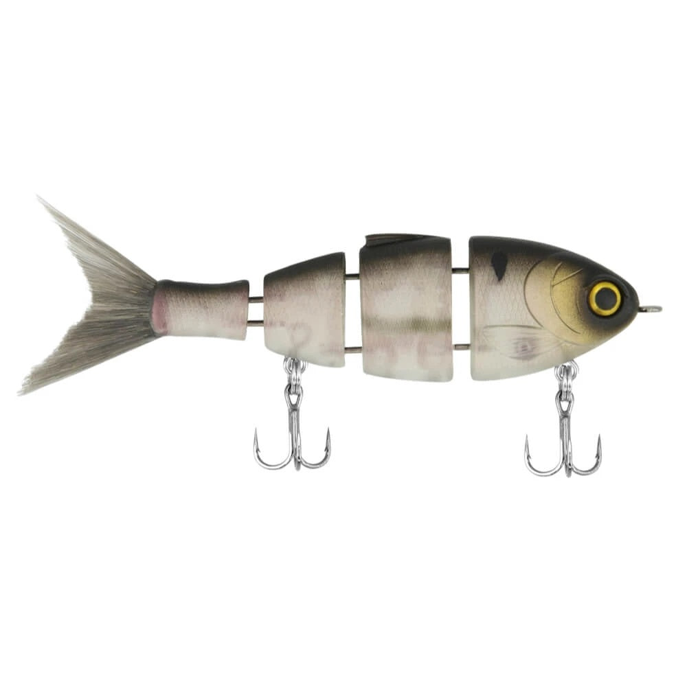 A 2.5 inch Bucca Brand Lil' Baby Bull Shad Swimbait that is white and green.