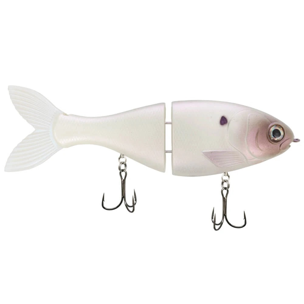 A 6 inch Bucca Brand Trick Shad Glide Bait that is white.