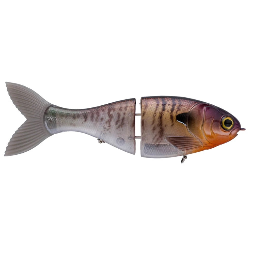 A 8 inch Bucca Brand Trick Shad Glide Bait that is white, purple, and orange.