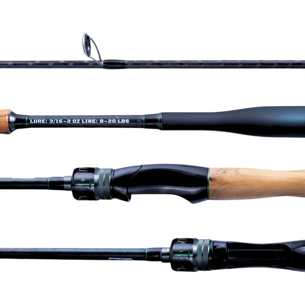 A DreamCatcher Zeus 7'0" Medium + Medium Light 2-Piece Spinning Rod that is black and green.