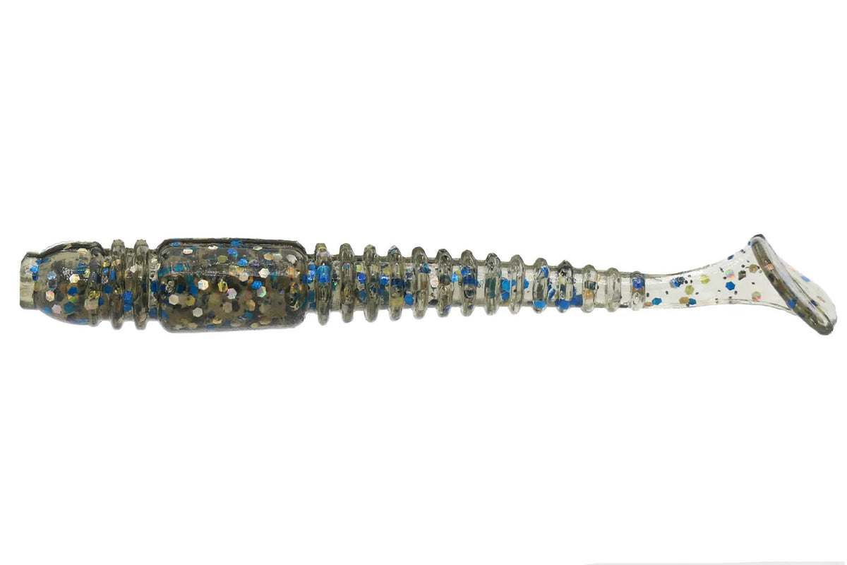 A 2 inch Eurotackle Micro Finesse B Vibe Swimbait that is gray with blue and white flakes.