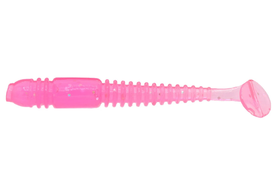 A 2 inch Eurotackle B Vibe Swimbait that is pink.