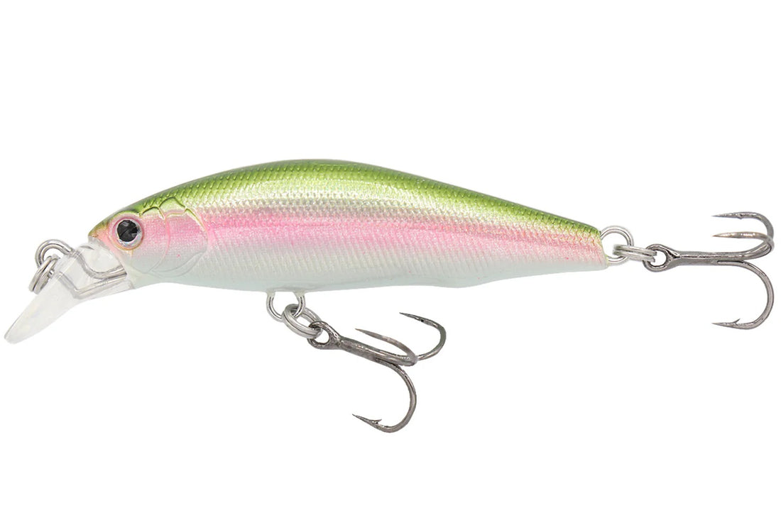 A 2 inch Eurotackle Z-Spender Micro Suspending Jerkbait that is green, pink, and white.