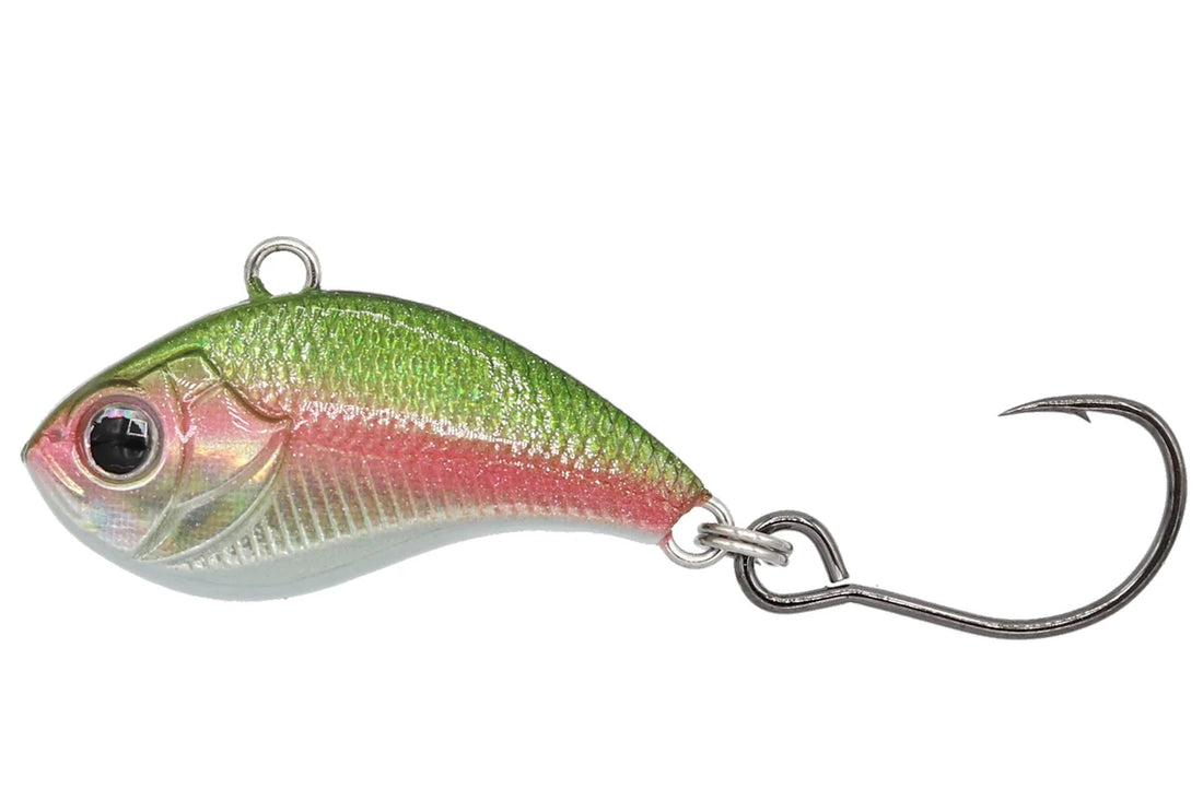 A 1/16 ounce Eurotackle Z-Viber Lipless Crankbait that is white, pink, and green.