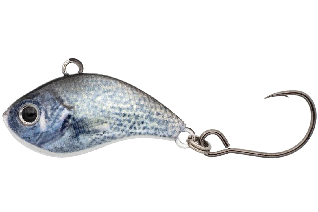 A 1/16 ounce Eurotackle Z-Viber Lipless Crankbait that is blue and silver.