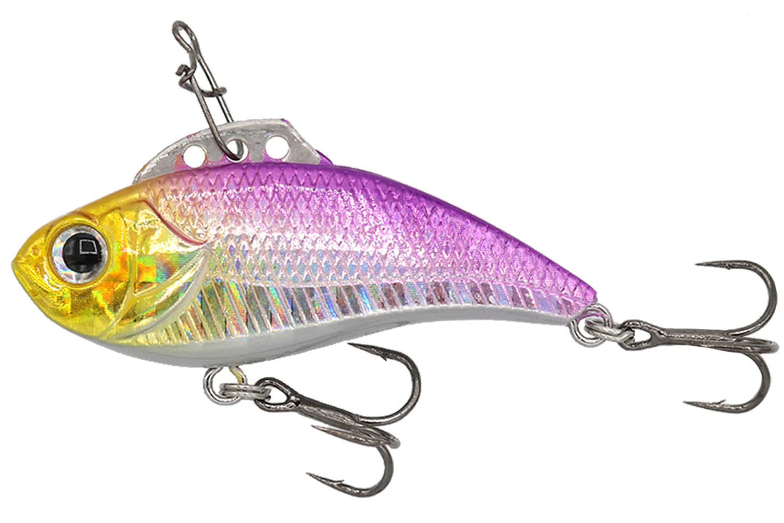 A 1/8 ounce Eurotackle Z-Viber Lipless Crankbait that is silver, yellow, and purple.