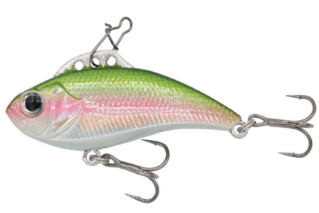 A 1/8 ounce Eurotackle Z-Viber Lipless Crankbait that is white, pink, and green.