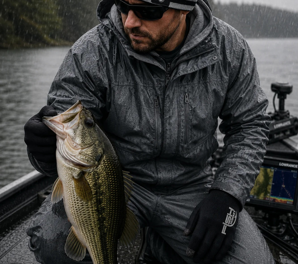 A man holding a fish while wearing a pair of black Fish Monkey Hydro-Block Waterproof Gloves.
