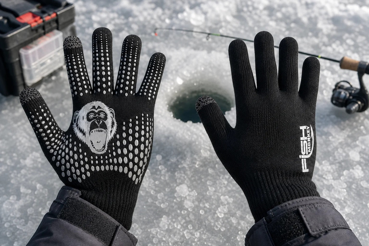 A person wearing a pair of black Fish Monkey Hydro-Block Waterproof Gloves by an ice fishing hole.