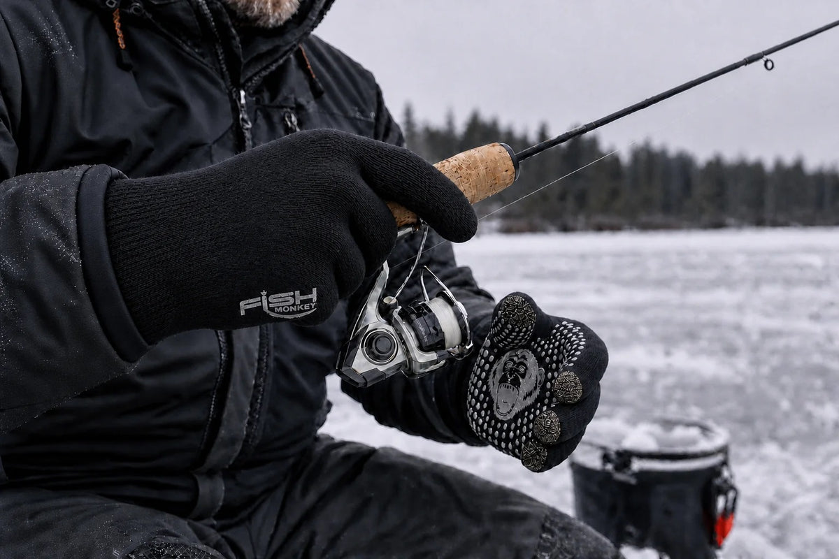 A person wearing a pair of black Fish Monkey Hydro-Block Waterproof Gloves while ice fishing.