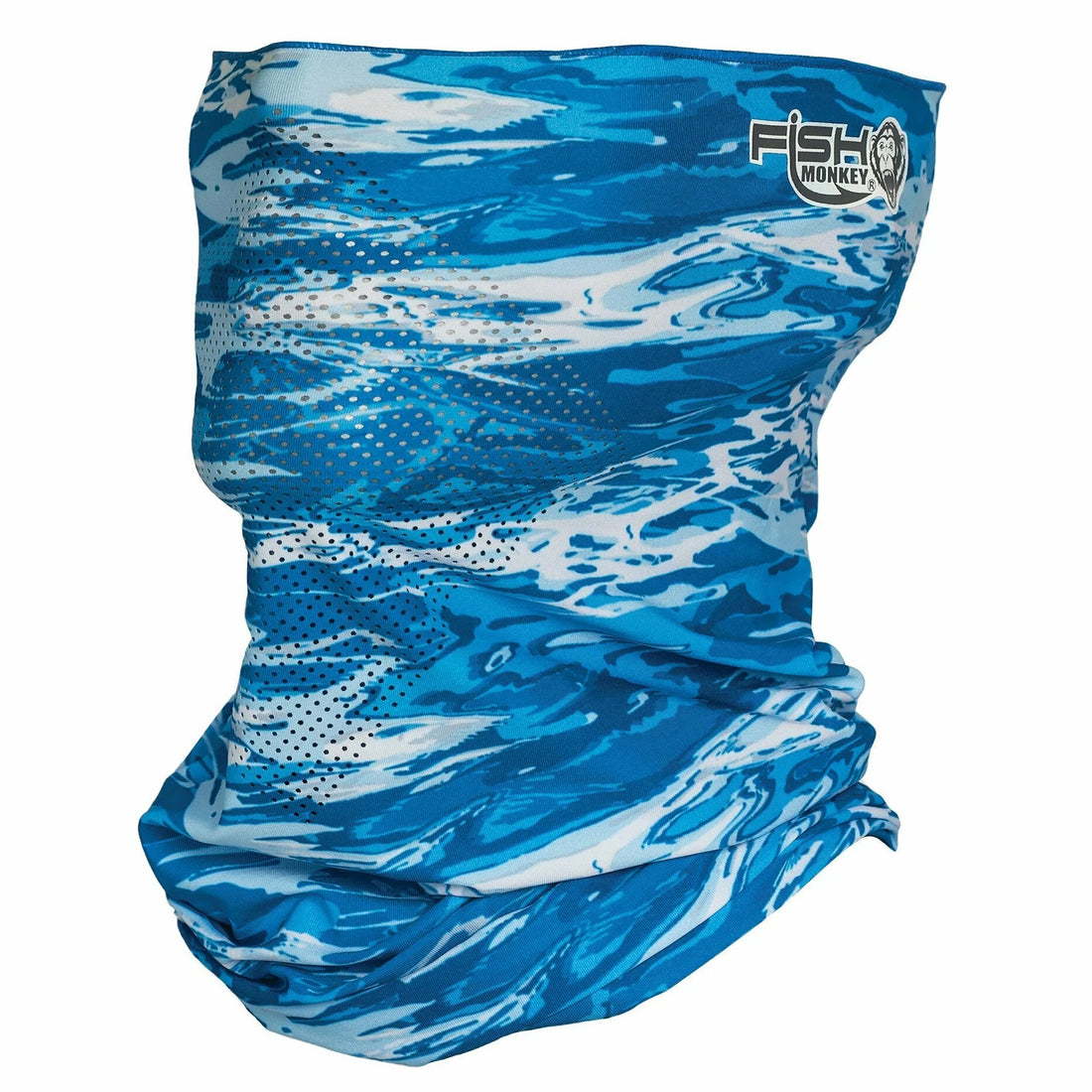 A Fish Monkey UPF 50+ Performance Face Guard with a blue water camo pattern.