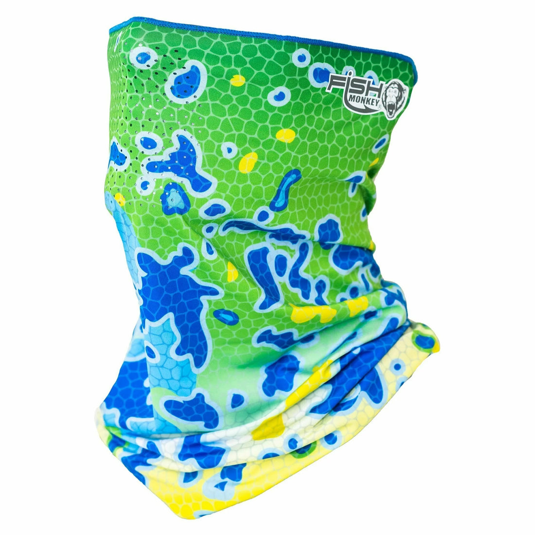 A Fish Monkey UPF 50+ Performance Face Guard that is green, blue, and yellow.