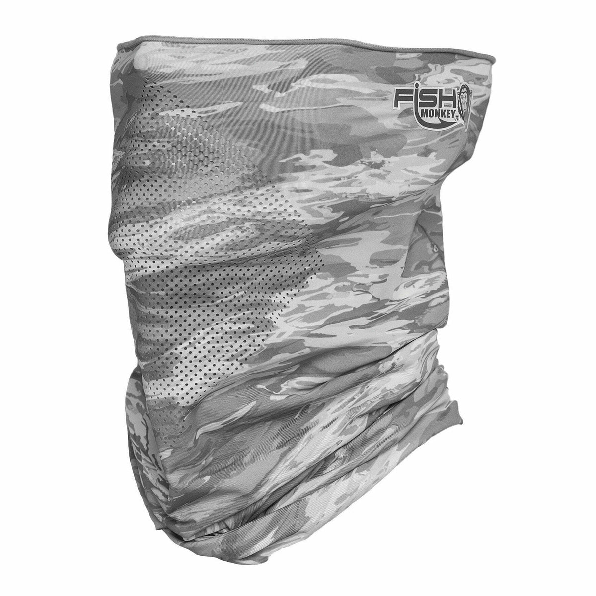 A Fish Monkey UPF 50+ Performance Face Guard with a grey water camo pattern.