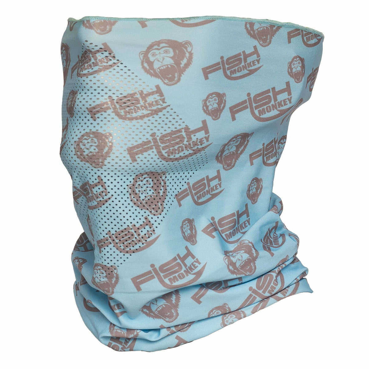 A Fish Monkey UPF 50+ Performance Face Guard that is light blue with a Fish Monkey logo pattern.
