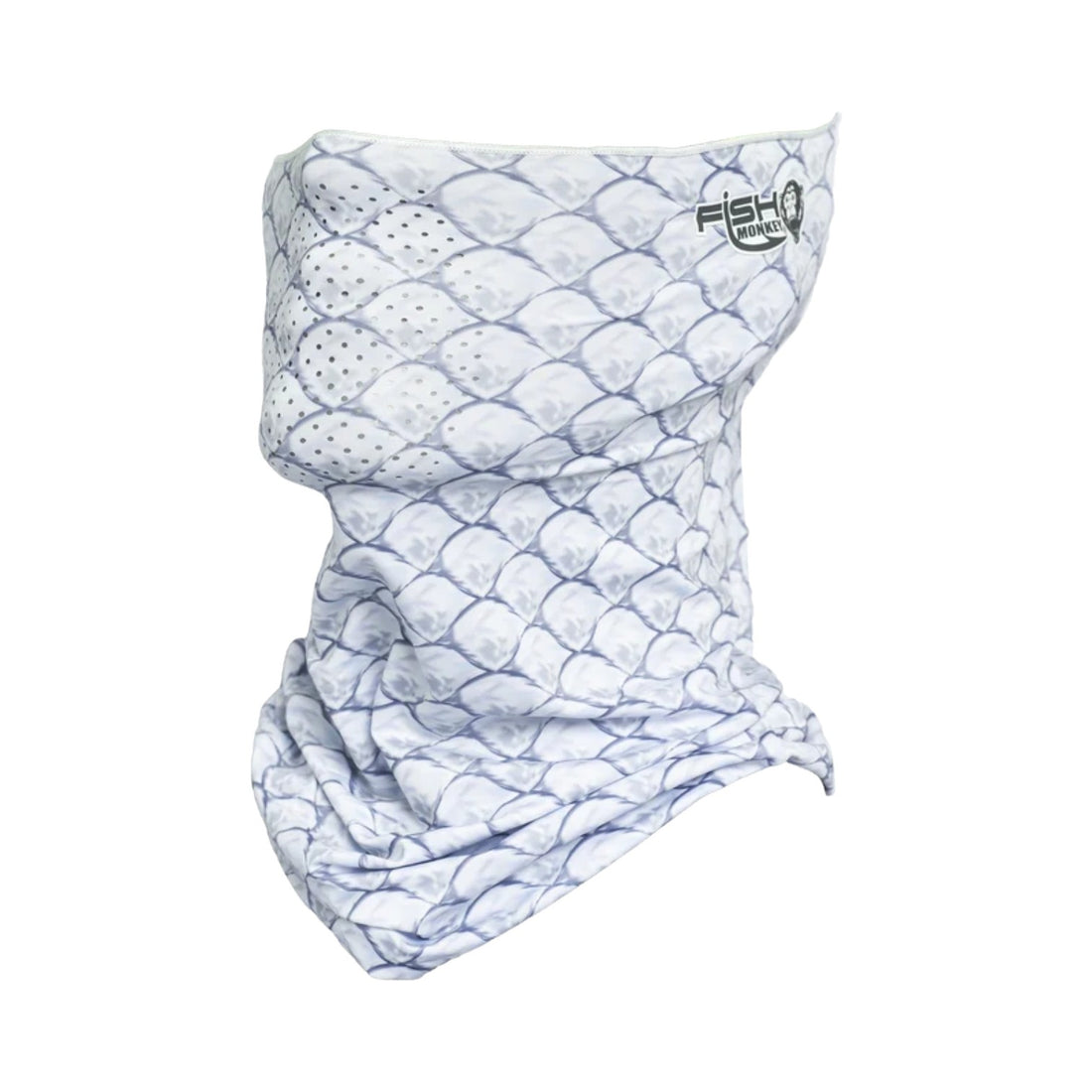 A Fish Monkey UPF 50+ Performance Face Guard with a white tarpon pattern.