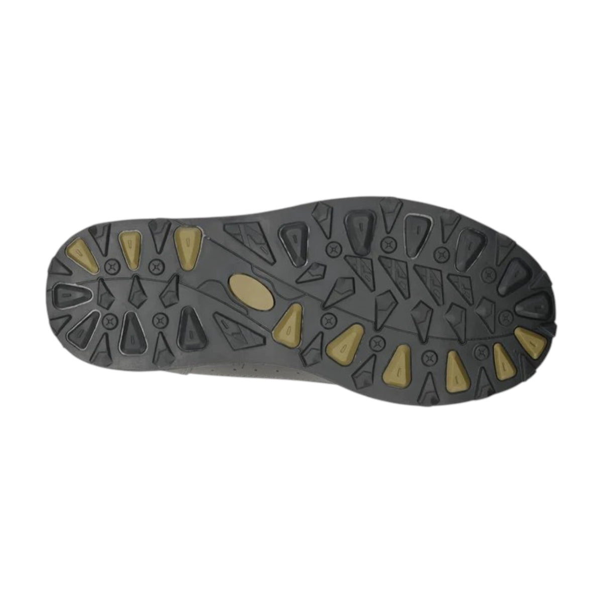 The bottom of a Frogg Toggs Men's Hellbender Cleated Wading Shoe that is black and green.