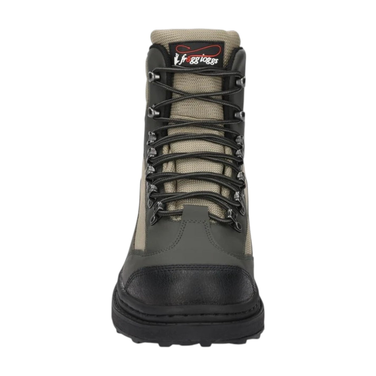 The front of a Frogg Toggs Men's Hellbender Cleated Wading Shoe that is green, silver, and black.