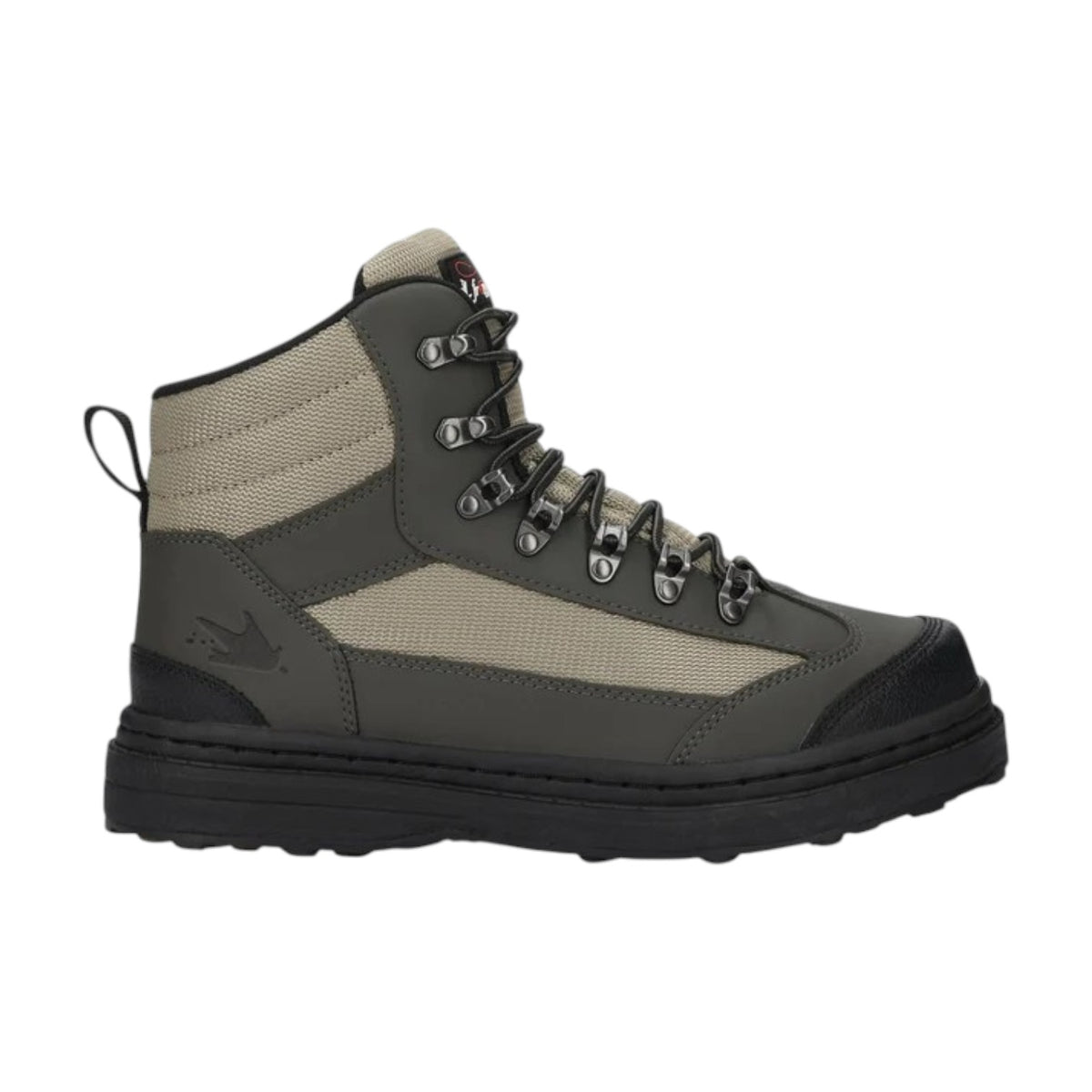 A Frogg Toggs Men's Hellbender Cleated Wading Shoe that is green, silver, and black.