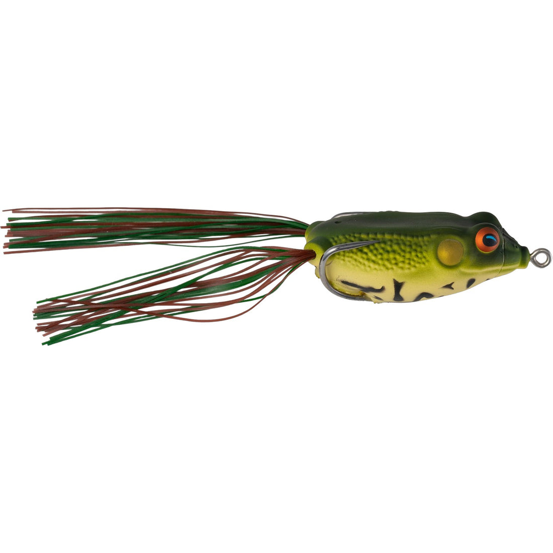 A 65 millimeter G-Ratt Baits Con Frog that is green and brown.