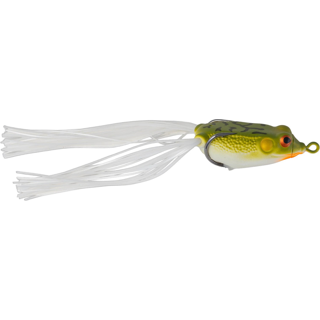 A 55 millimeter G-Ratt Baits Con Frog Jr. that is green and white.