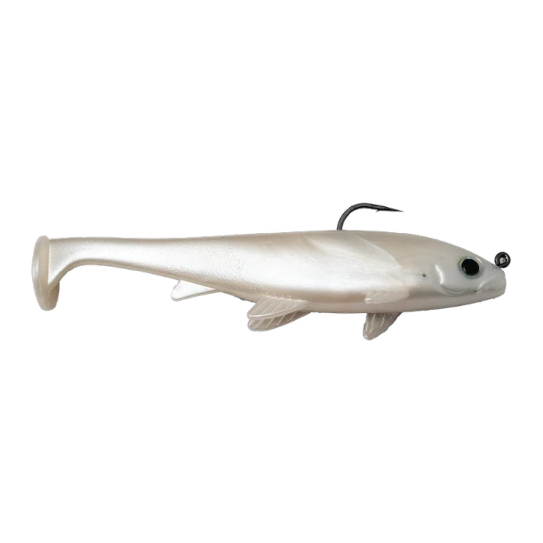 A 6 inch G-Ratt Baits Executioner Top Hook Swimbait that is white.