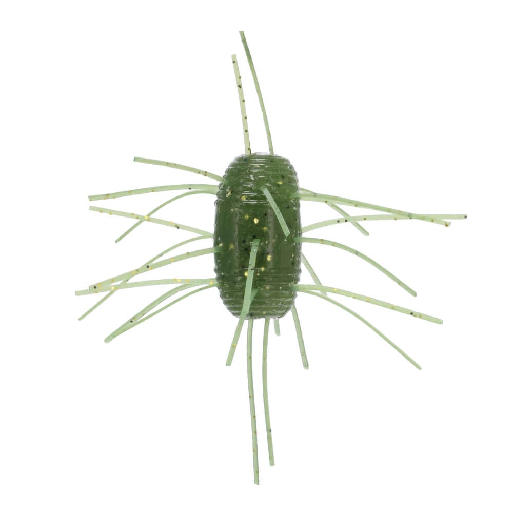 A 1.5 inch Gary Yamamoto Fuzzy Nut that is green with black and yellow flakes.
