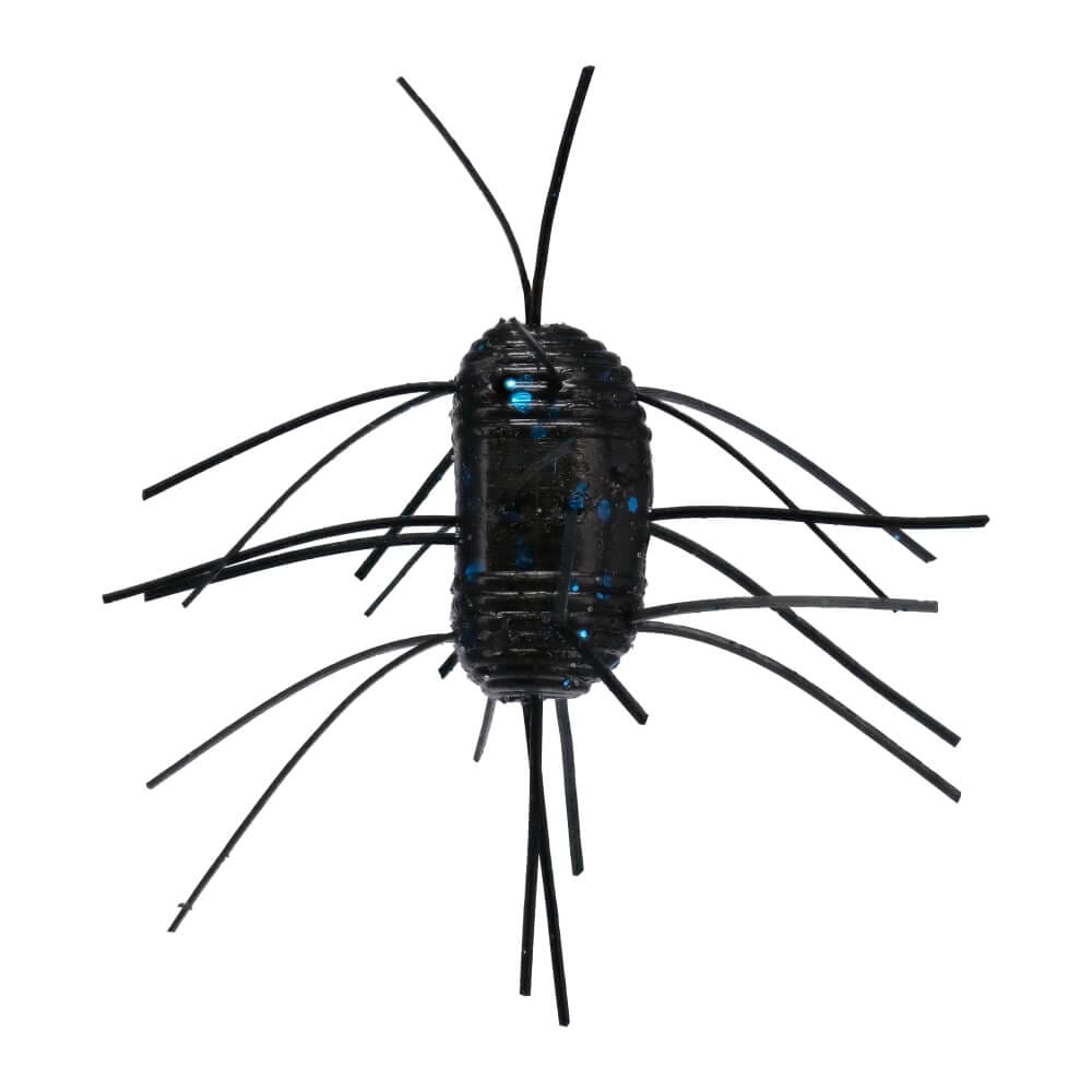A 1.5 inch Gary Yamamoto Fuzzy Nut that is black with blue flakes.