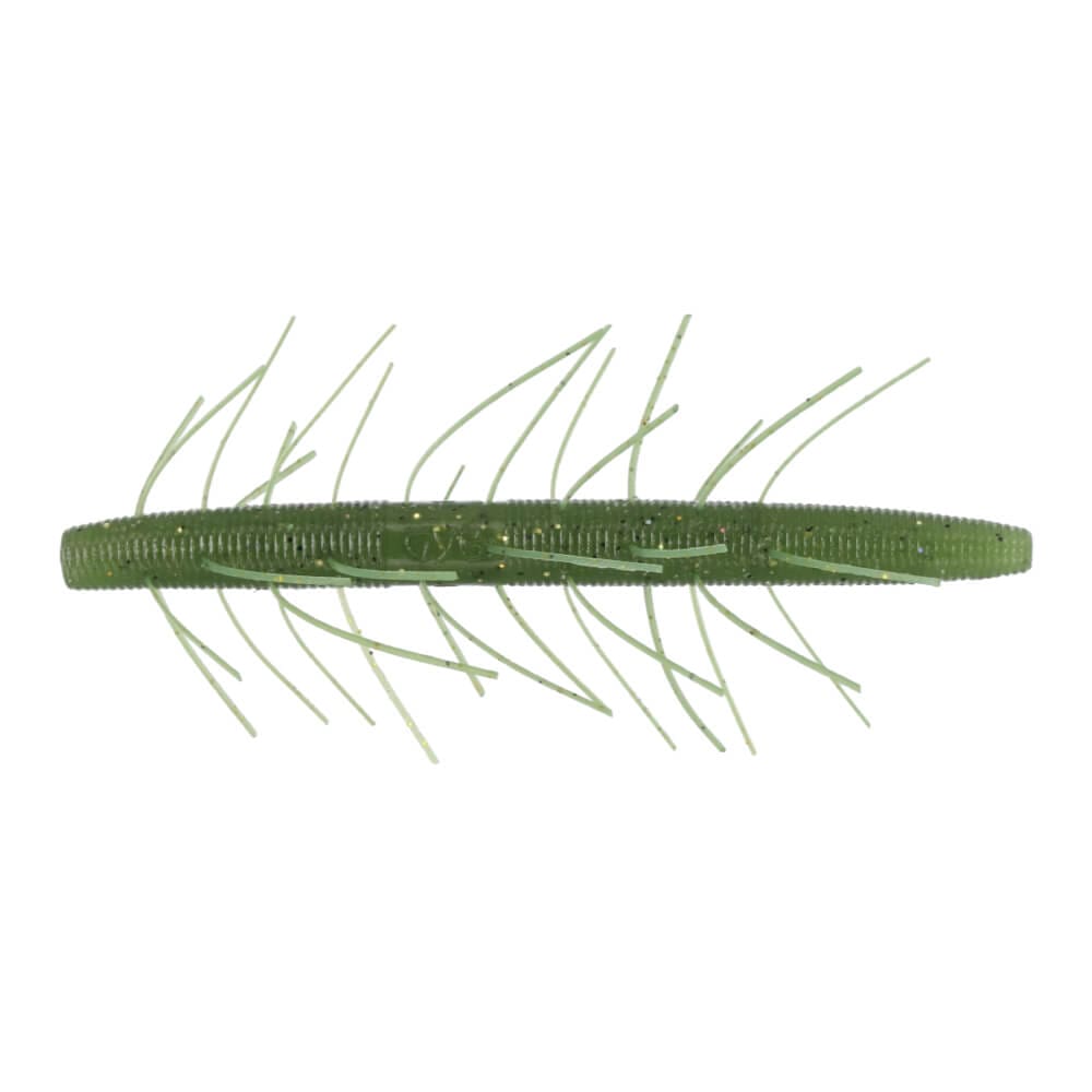 A 4 inch Gary Yamamoto Fuzzy Senko Stickbait that is green with black and yellow flakes.