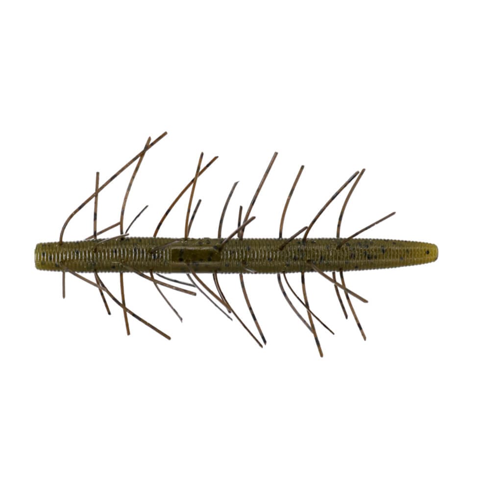 A 4 inch Gary Yamamoto Fuzzy Senko Stickbait that is green with black flakes.