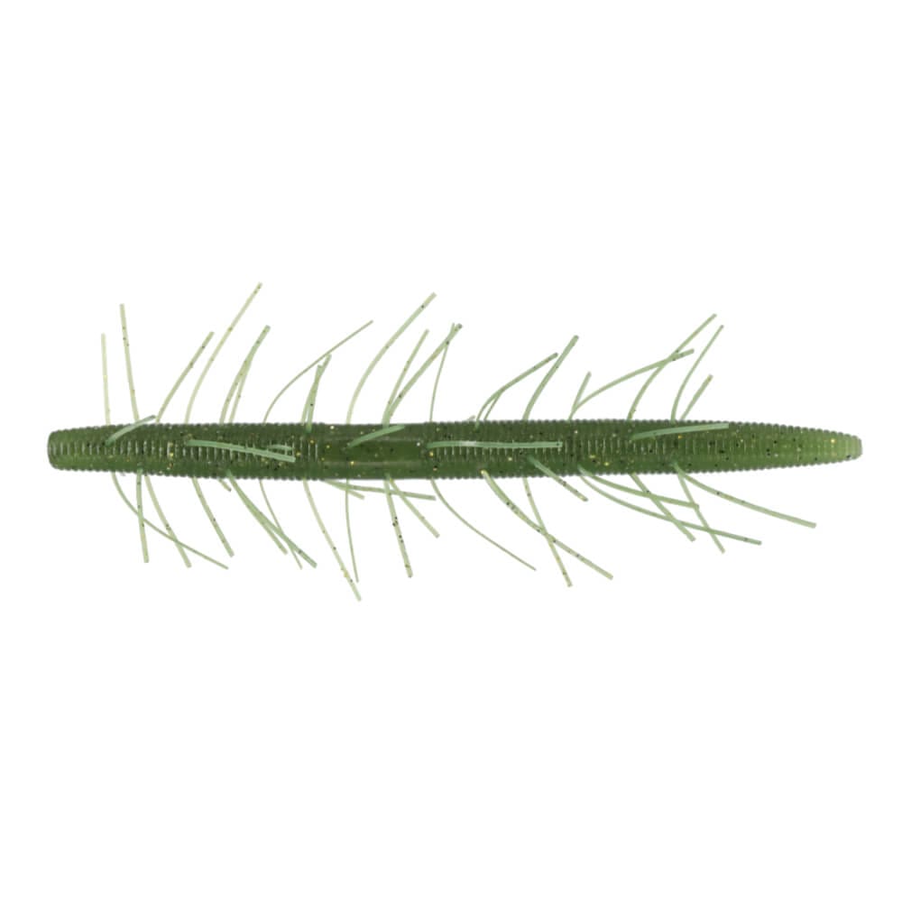 A 5 inch Gary Yamamoto Fuzzy Senko Stickbait that is green with black and yellow flakes.