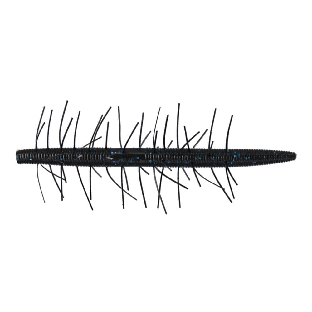 A 5 inch Gary Yamamoto Fuzzy Senko Stickbait that is black with blue flakes.