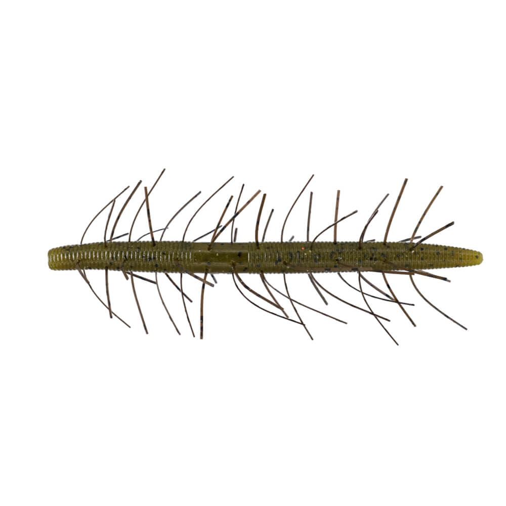 A 5 inch Gary Yamamoto Fuzzy Senko Stickbait that is green with black flakes.