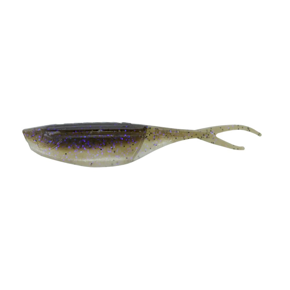 A 3.5 inch Gary Yamamoto Hinge Minnow that is green and white with black and purple flakes.