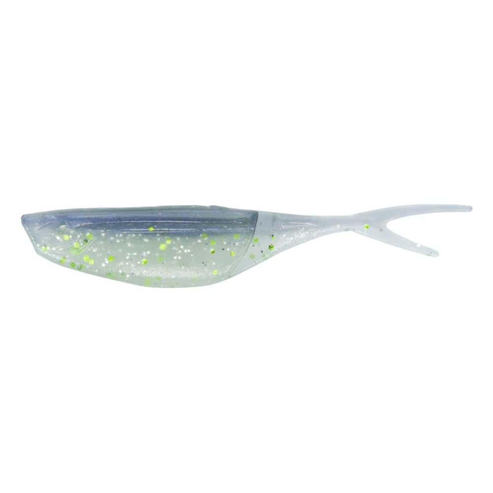 A 3.5 inch Gary Yamamoto Hinge Minnow that is blue and white with green flakes.