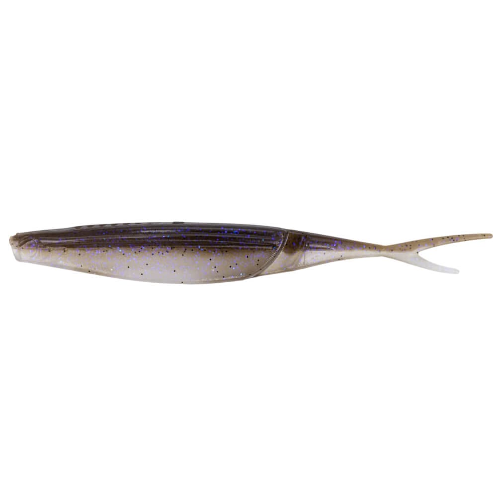 A 6 inch Gary Yamamoto Hinge Minnow that is green and white with black and purple flakes.