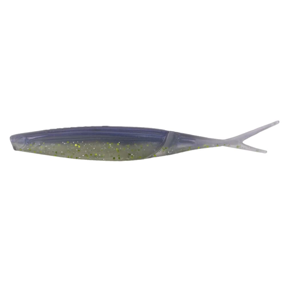 A 6 inch Gary Yamamoto Hinge Minnow that is blue and white with green flakes.